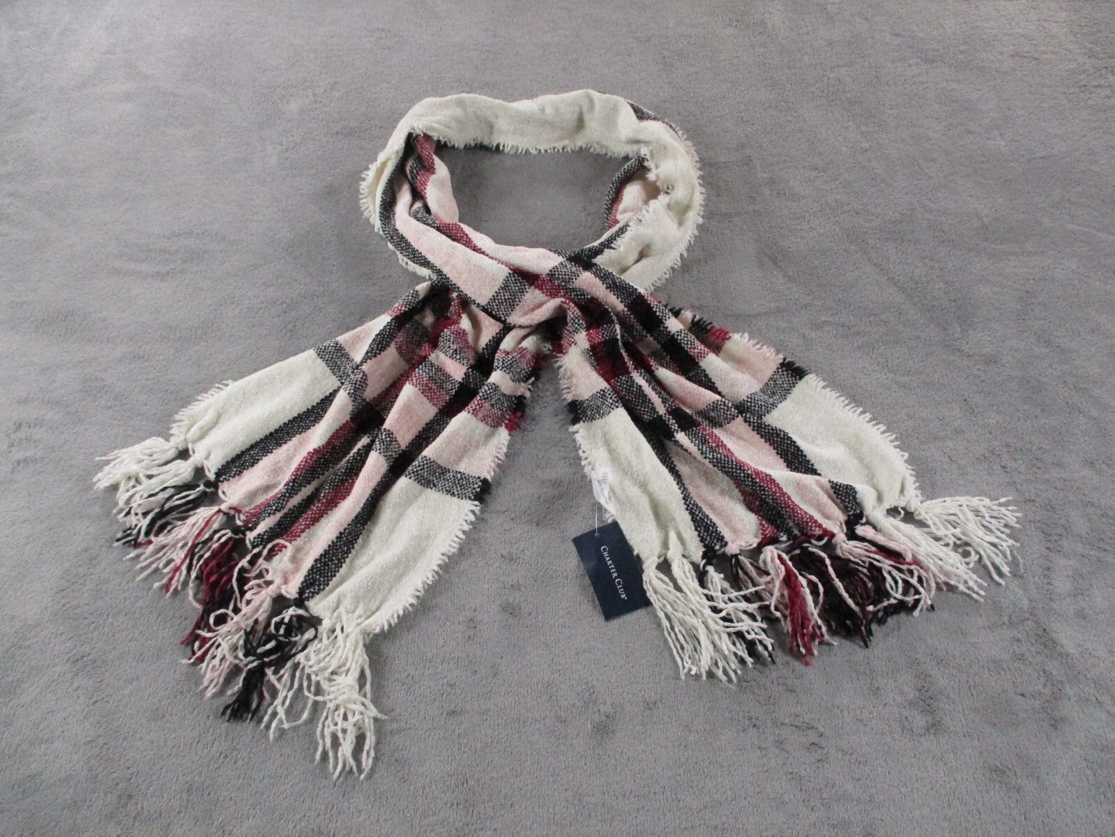 Charter Club Womens One Size Chenille Plaid Scarf Ivory Multicolor Fringe NWT