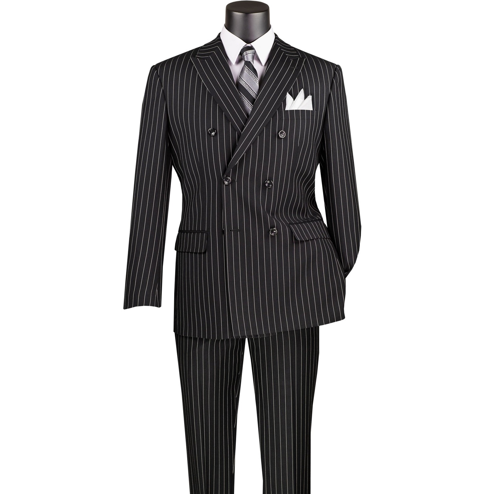 VINCI Men’s Black Pinstripe Double-Breasted Reg-Fit Suit w/ Adj Waist – NEW
