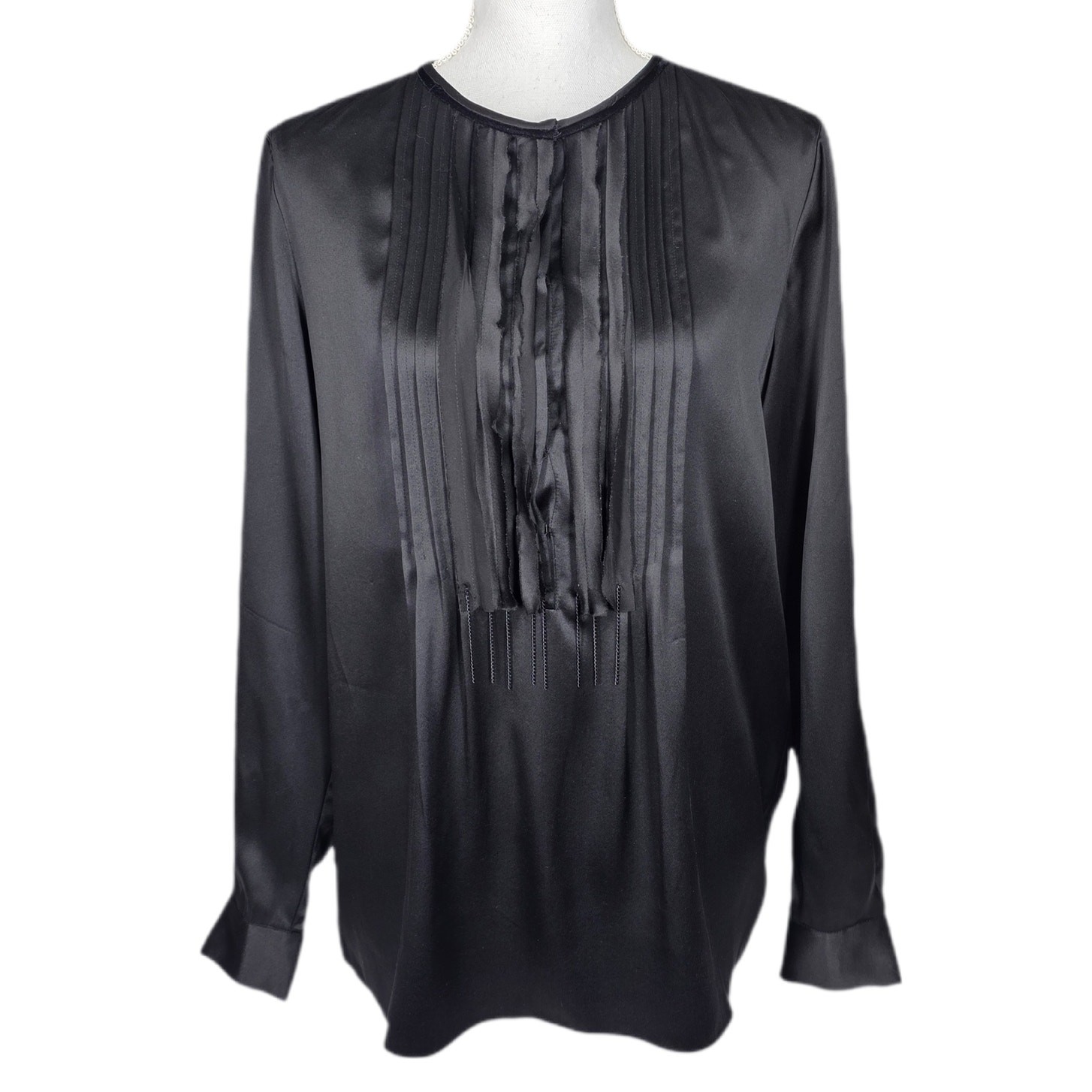 ELIE TAHARI BLACK PLEATED LONG‑SLEEVE BLOUSE – SIZE MEDIUM – SMOOTH SATIN FEEL