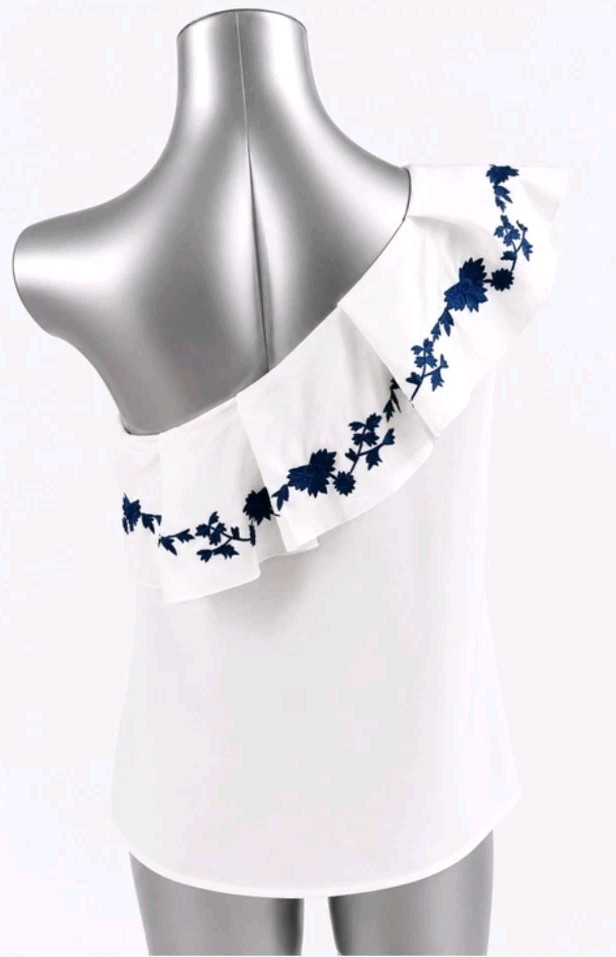 Chloe Oliver Anthropologie L Floral Embroidered One-Shoulder Ruffle Blouse