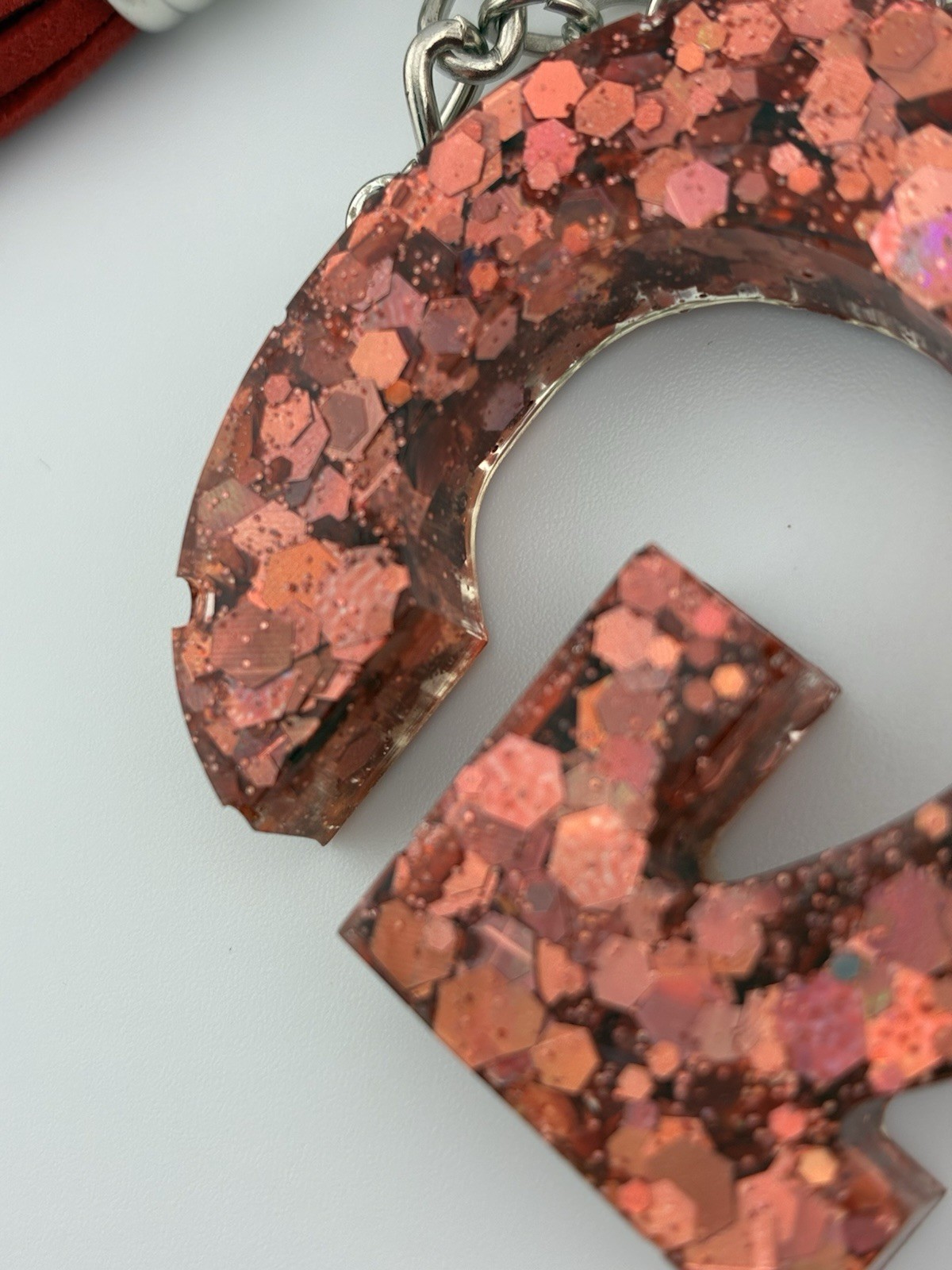 Handmade Epoxy Resin Letter G Keychain Rose Gold Glitter Heart Tassel New