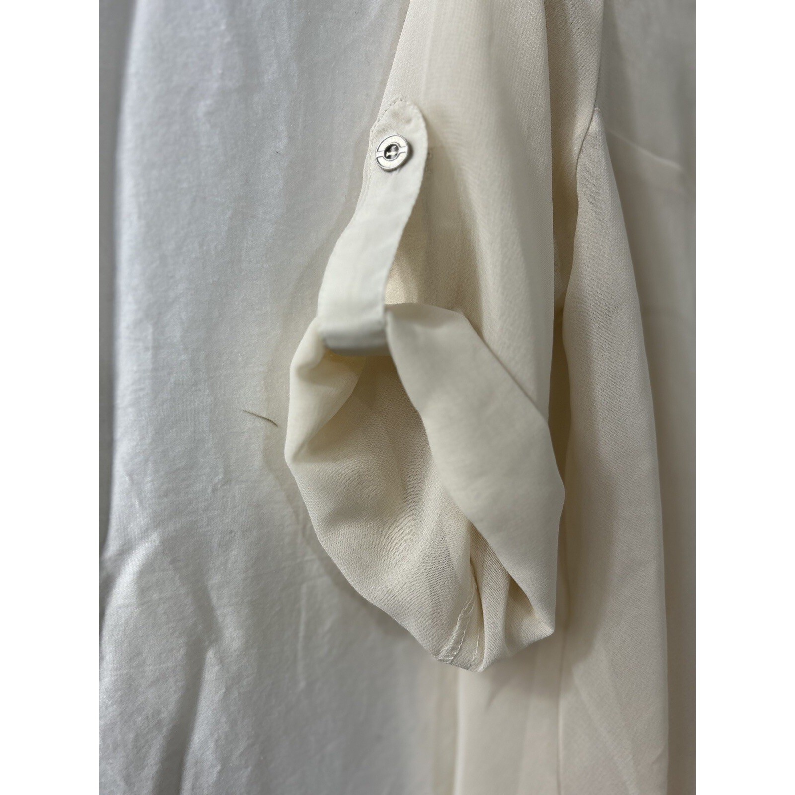 Analogy Sheer Chiffon Blouse L Ivory Roll Tab Button Boho Minimalist Office