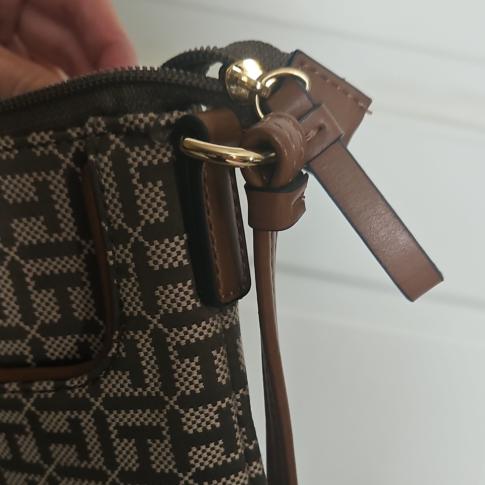 Tommy Hilfiger Brown Beige Monogram Small Crossbody Bag Zip Top Gold Hardware
