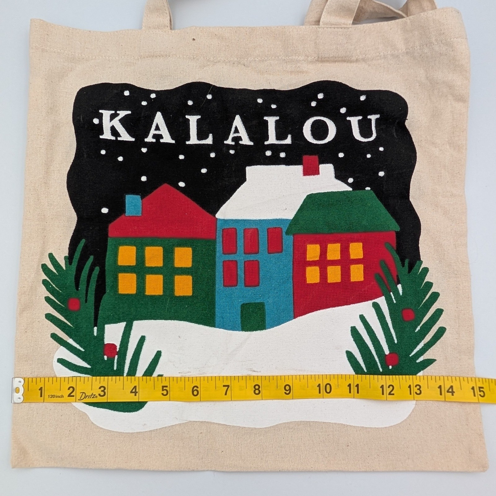 Kalalou Winter Village Canvas Tote Bag Christmas Holiday Village Scene Cream 15″