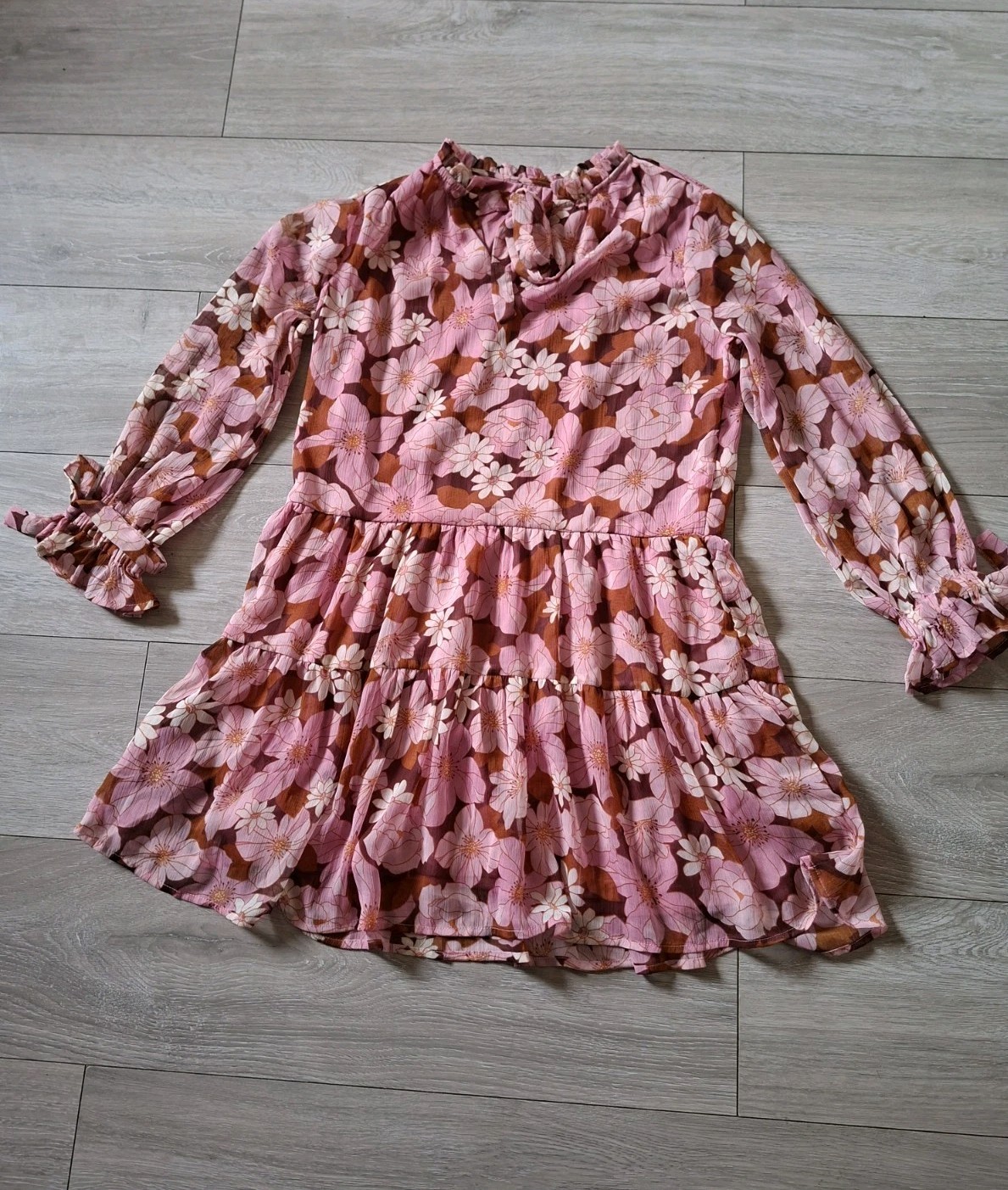 Brown & Pink Floral Flared Smock Dress Tiered Frill Party Sheer Boho Retro UK14