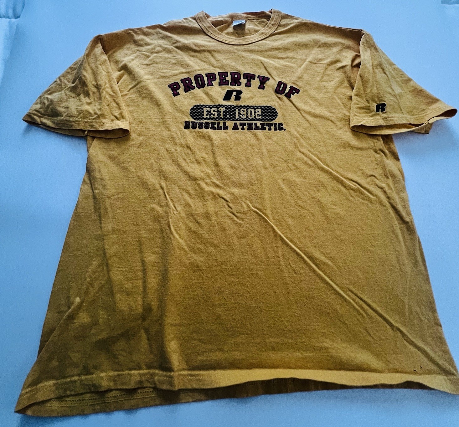 Vintage Russell Athletic Property of Est 1902 Graphic T Shirt Yellow XL