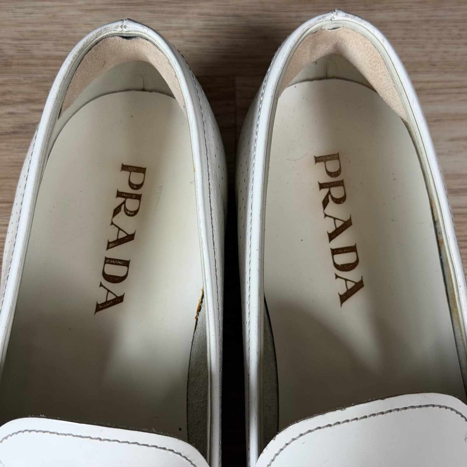 Prada Loafers Mens Size 9.5 White Perforated Leather Square Toe Shoes Italy
