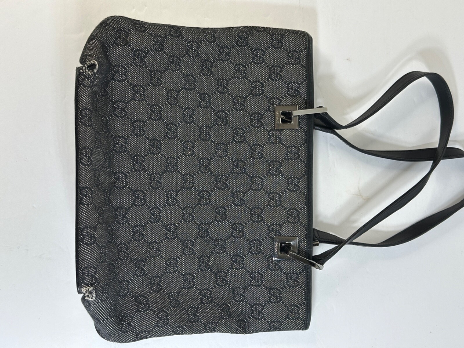 Authentic Gucci GG Black Leather Tote Bag Purse 10.25″ Wide 9.25″ High EUC