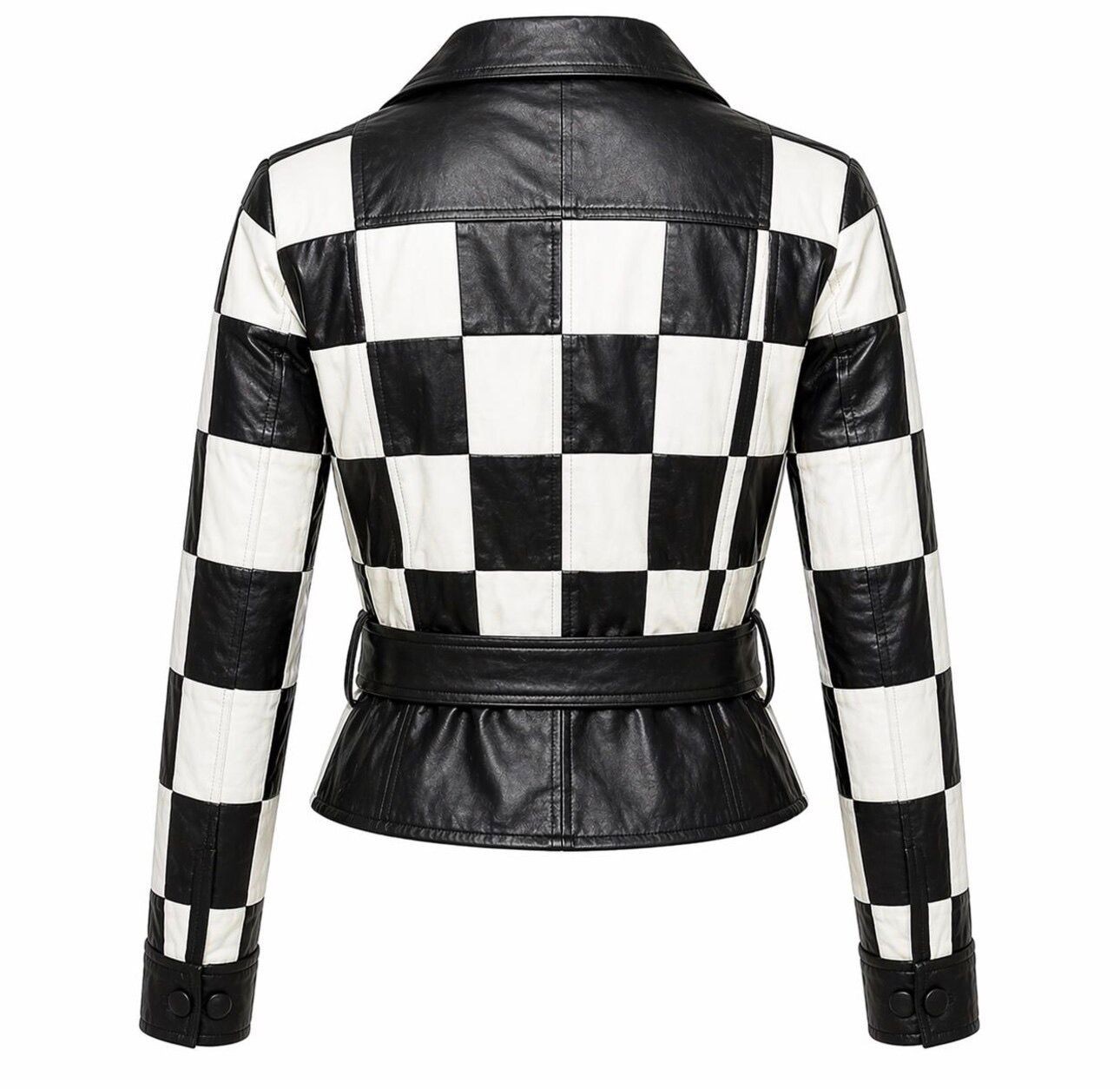Women’s Checkered Leather Jacket Slim Fit Black White Belted Outerwear