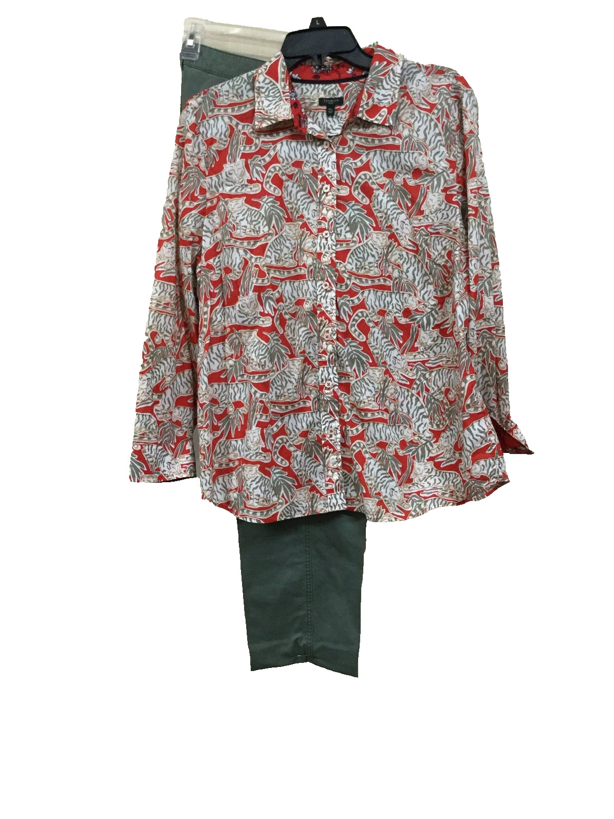 Talbots women Petite Size XLp Blouse Top Shirt Button safari Animal Red Green