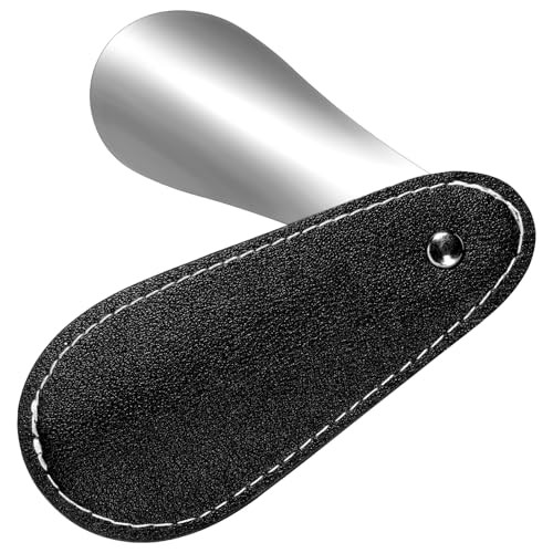 InnoHHustle Short Shoe Horn with PU Leather Cover 4.3 Inch Metal Shoe Spoon