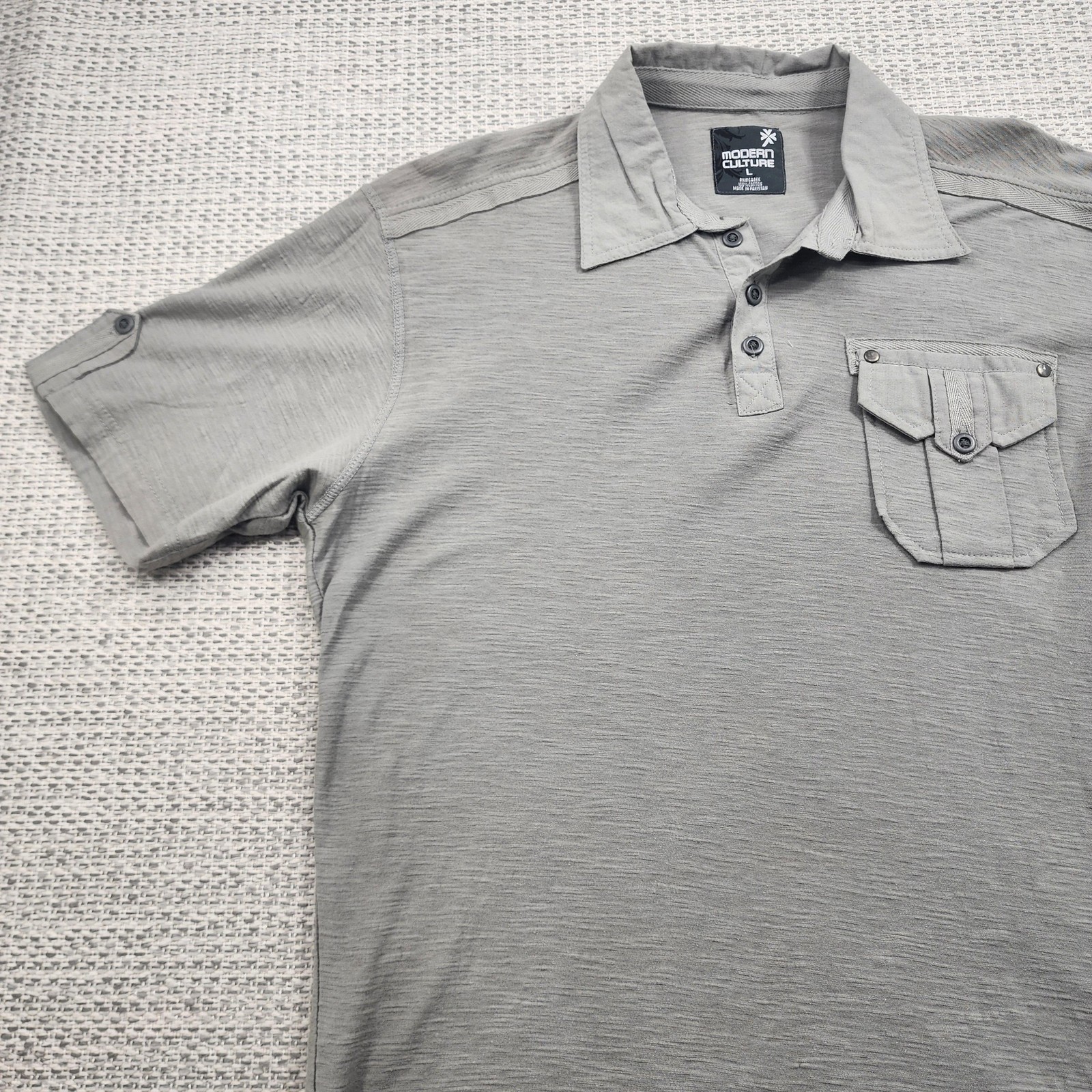 Modern Culture Polo Shirt Mens Large Gray Concrete Wash Pocket Button Casual New