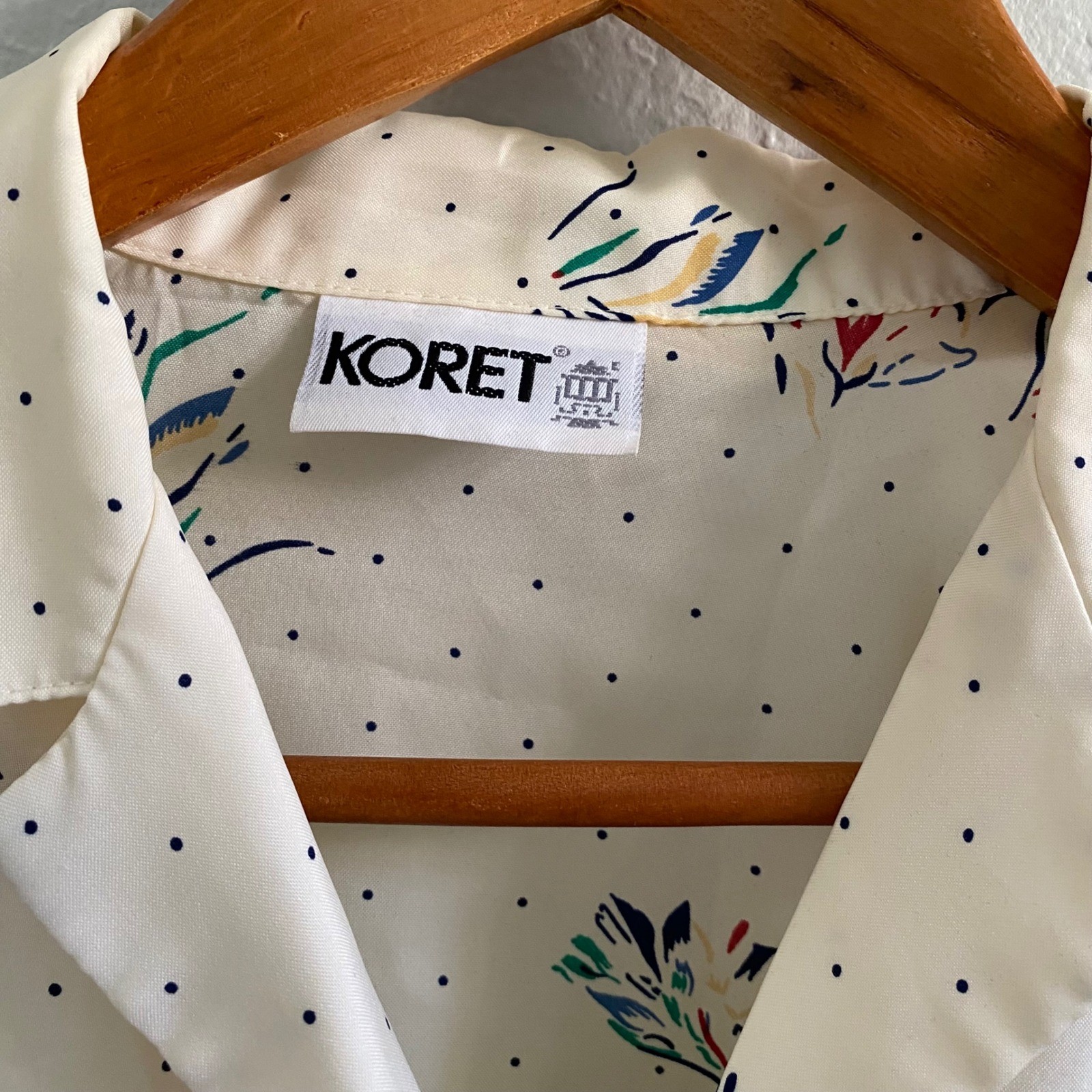 Vintage Koret Polka Dot Floral Button Down Blouse Cream Made in USA ILGWU Tag