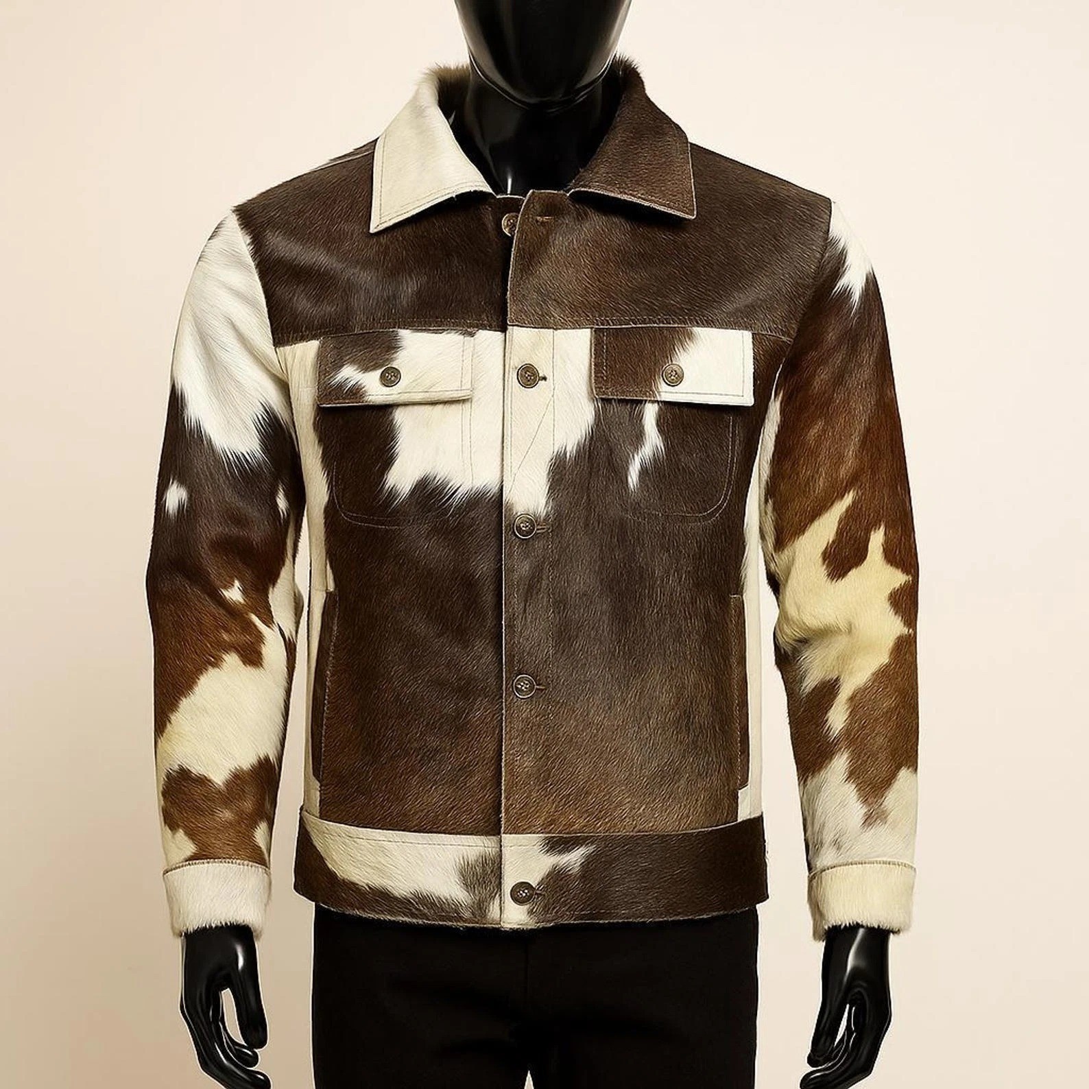 Men’s Western Cowhide Leather Jacket Real Hair-On Pony Skin Stylish Trucker Coat