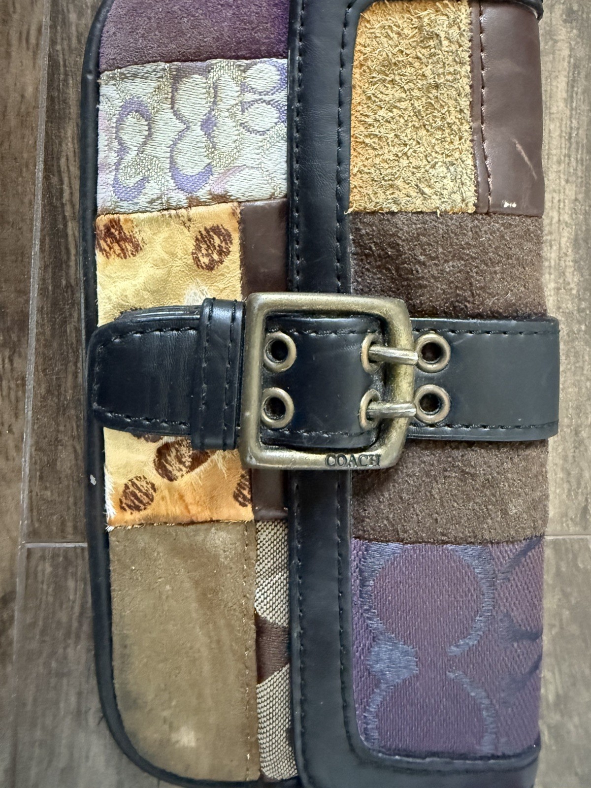 Coach Patchwork Signature Logo Zip Wristlet Wallet, Brown Purple Beige Gold