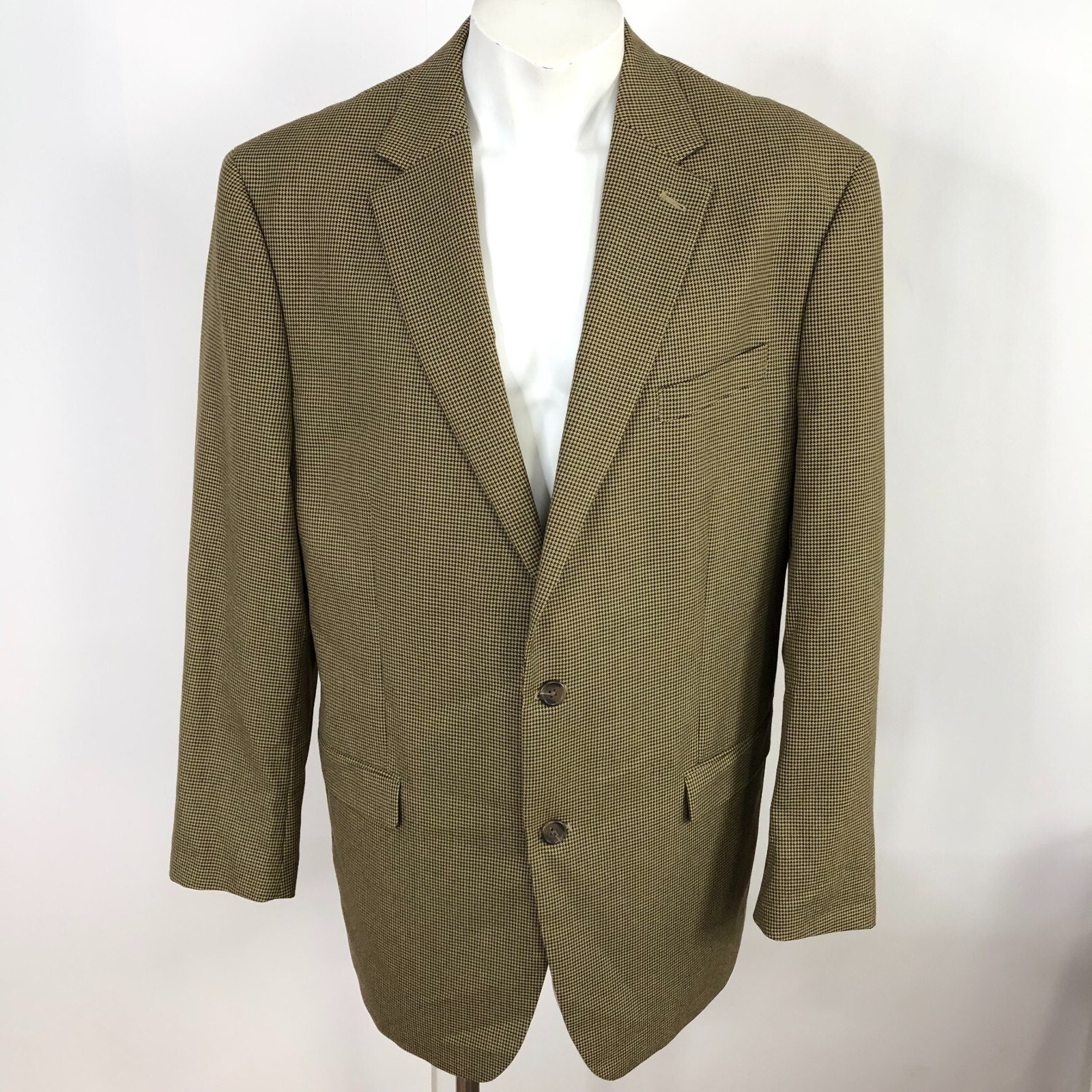 Chaps Houndstooth 44 L Men’s 100% Wool Blend Button Sport Coat Jacket Tan Brown