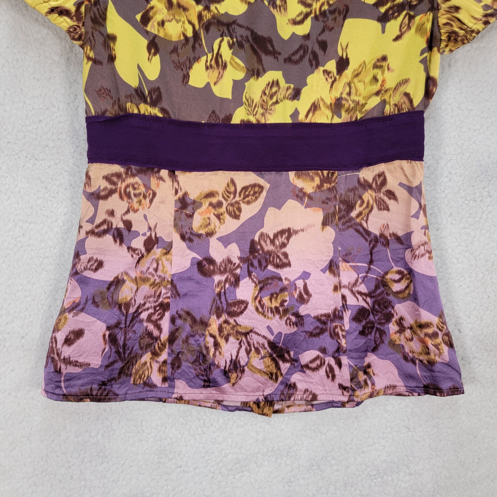 Marciano Women Top Size S Yellow Floral Ombre Silk V Neck Y2K Puff Sleeve Blouse