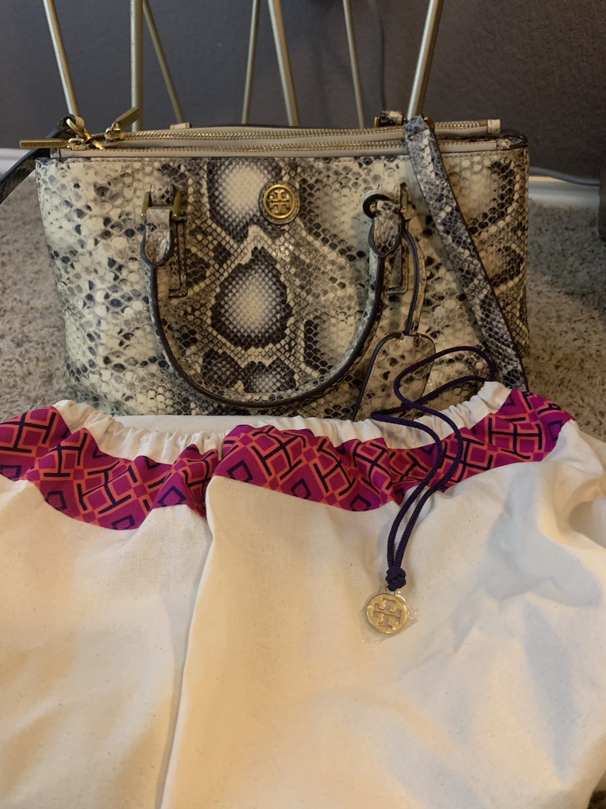 Tory Burch Snake Print Handbag Top Handle Crossbody Zip w/ Dust Bag