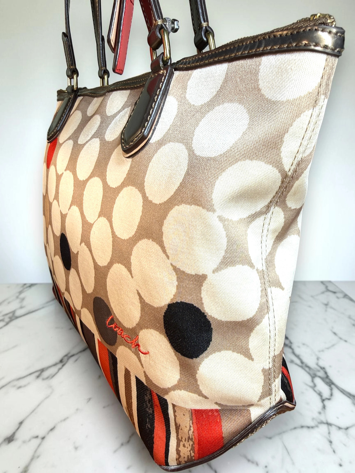 Coach Poppy Watercolor Polka Dot Tote Shoulder Bag