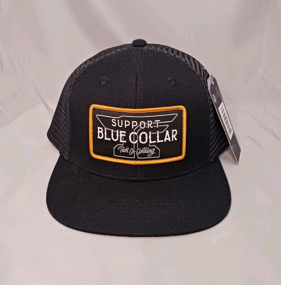 NEW Troll Co SUPPORT BLUE COLLAR Snapback Trucker Mesh Hat Cap Flat Bill Black