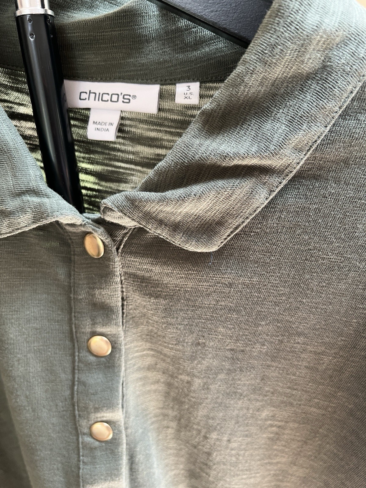 Chico’s Puff Sleeve Olive Green Slub Cotton Women’s Shirt Size 3 Gold Buttons