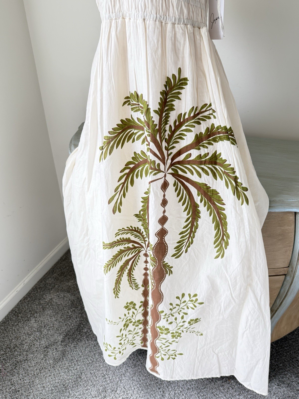 Tropical Palm Coconut Tree 100% Cotton Maxi Dress Medium Ivory NWT Farm Rio-Feel