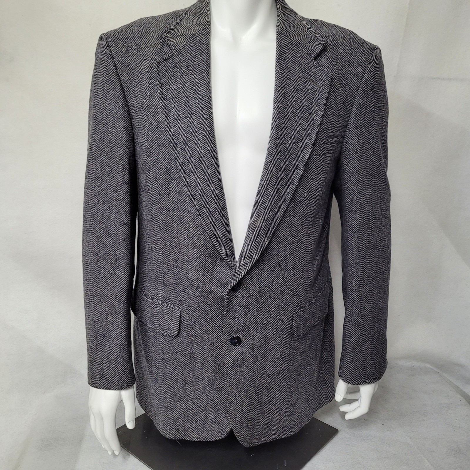 Lands End Blazer Jacket Mens 42L Herringbone Wool Tweed Gray Blue USA Sportcoat