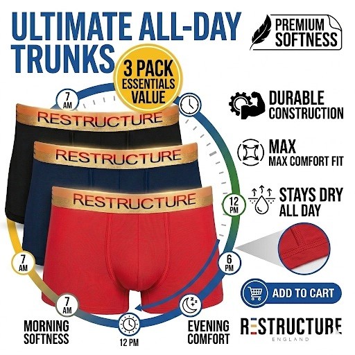 Organic Bamboo Mens Boxer Trunks 3 Pack Breathable Soft Underwear – Medium