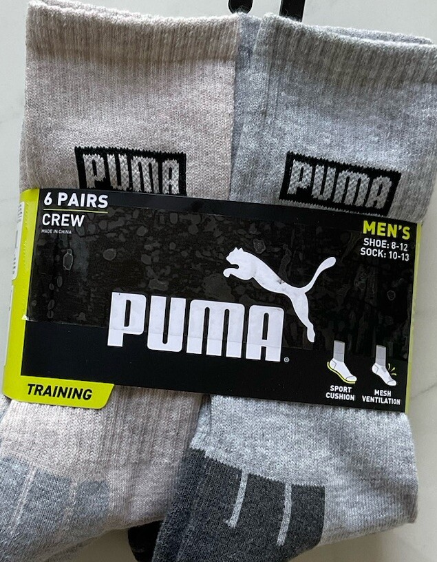 Men PUMA Cushioned Crew Mesh Vent. Socks 6 Pairs Size 8-12 Assorted w Logo New
