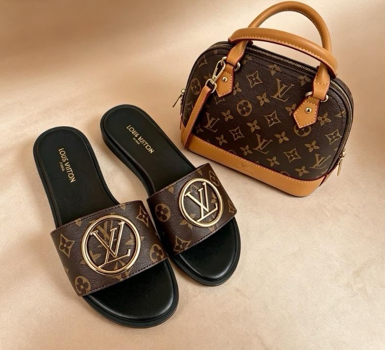 Louis Vuitton Monogram Logo Slide Sandals Brown/Black/Gold Women’s 8 NIB
