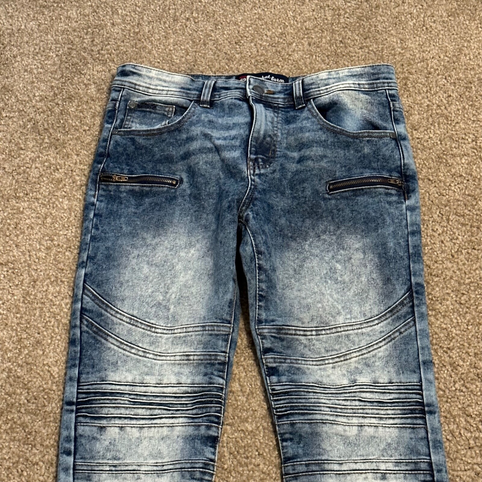 Mens Biker Jeans 30X30 Acid Wash Blue Moto Denim Ribbed Knee Zipper Slim Fit