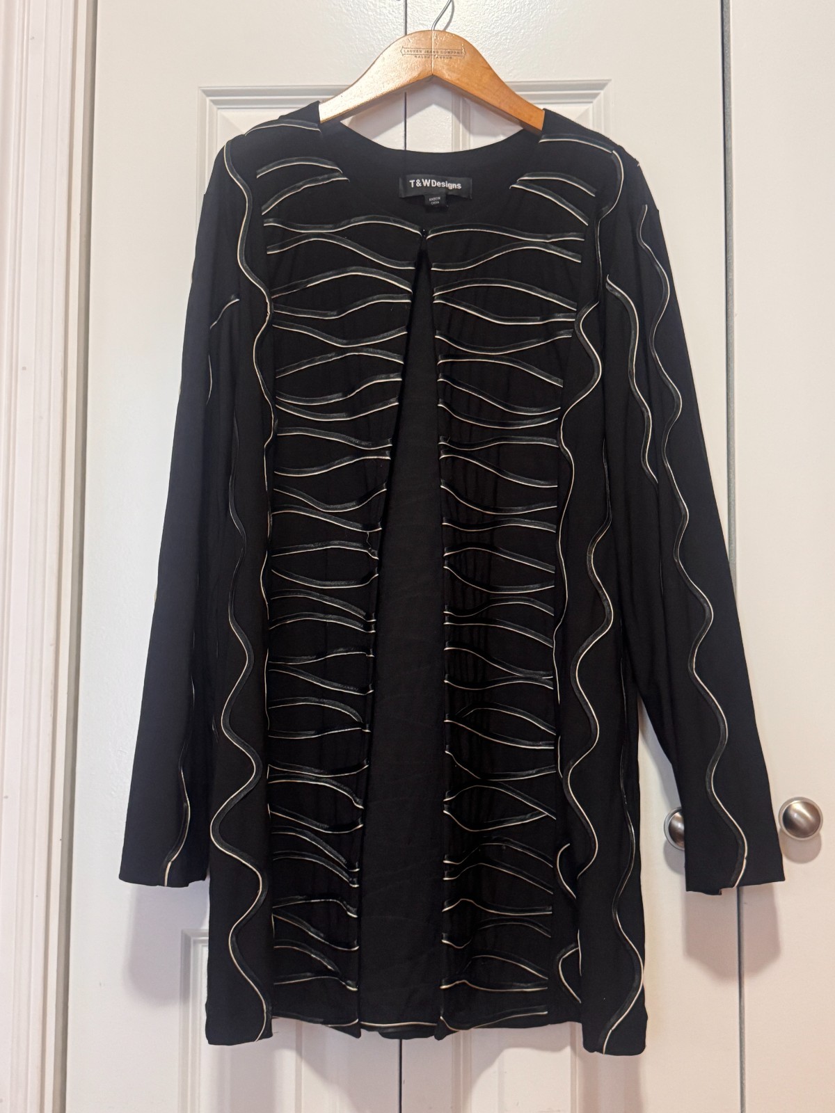 T&W Designs XL Black Ribbon Trim Open Front Jacket Stretch Cardigan Art Wear