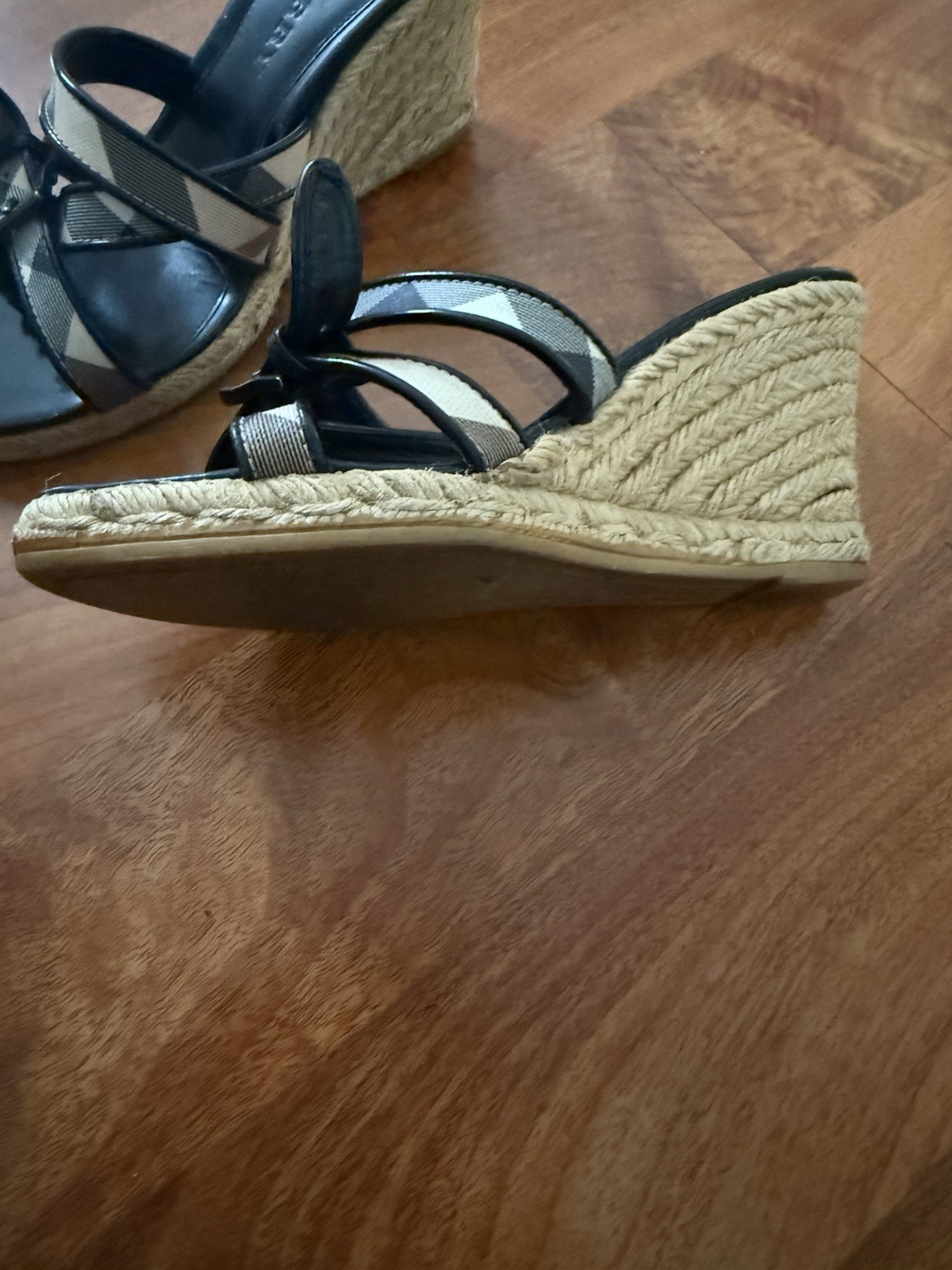 Burberry Check Canvas Wedge Slide Sandals Black/Beige Open Toe Straps