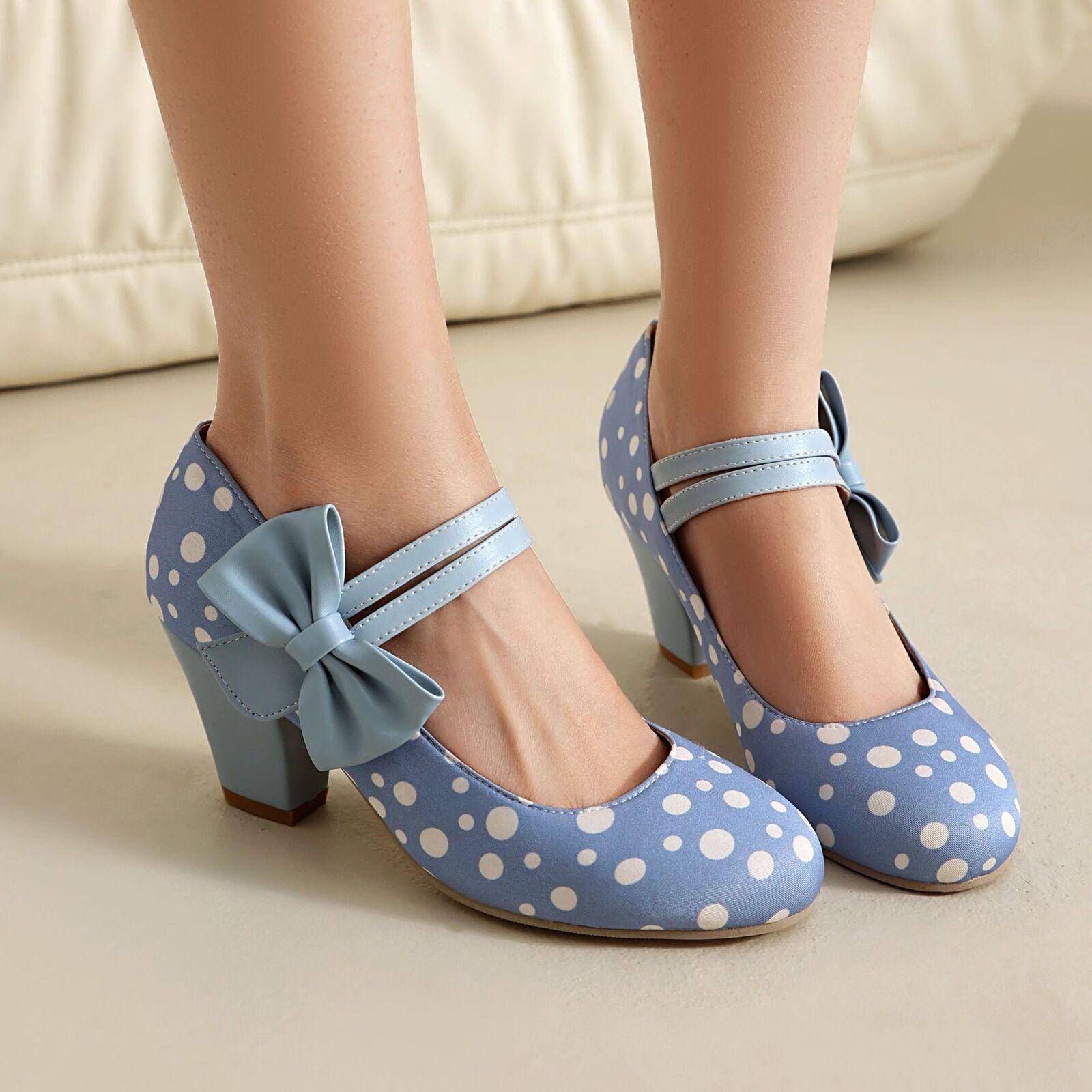 Women’s Bowknot Polka Dot Mary Jane Sweet Dress Party Casual High Heels OL Shoes