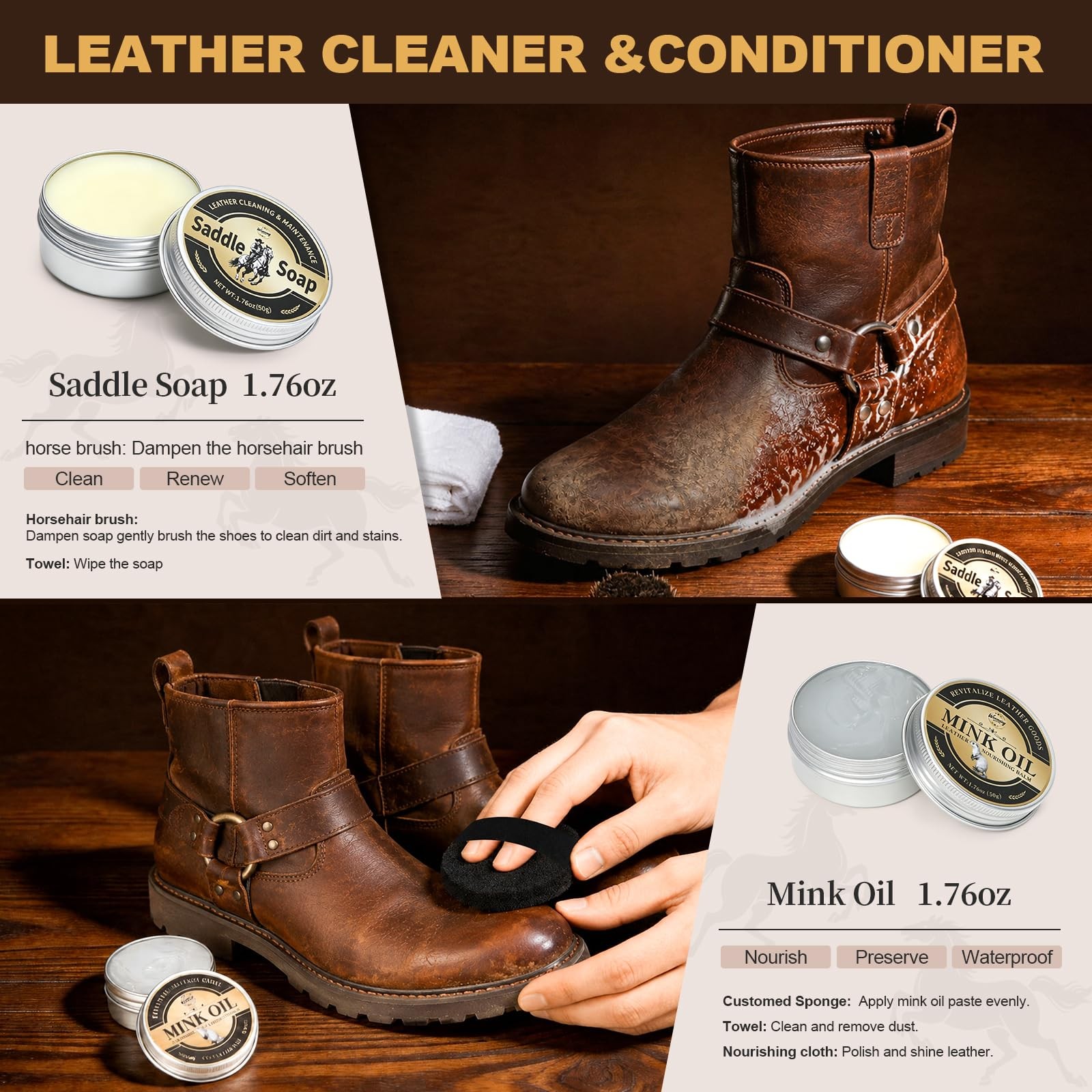 16-in-1 Shoe Polish Kit, Leather Shine Care Cleaning 3.5 Fluid Ounces, Black