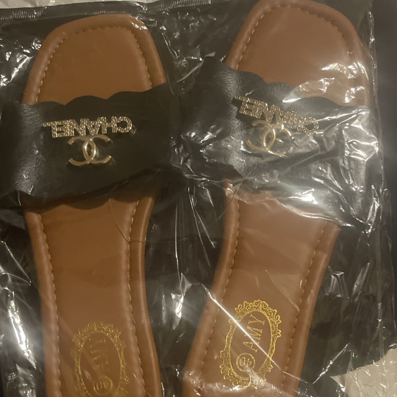 Women’s Black/Brown Logo Slide Sandals Slip-On Casual Summer EU 39