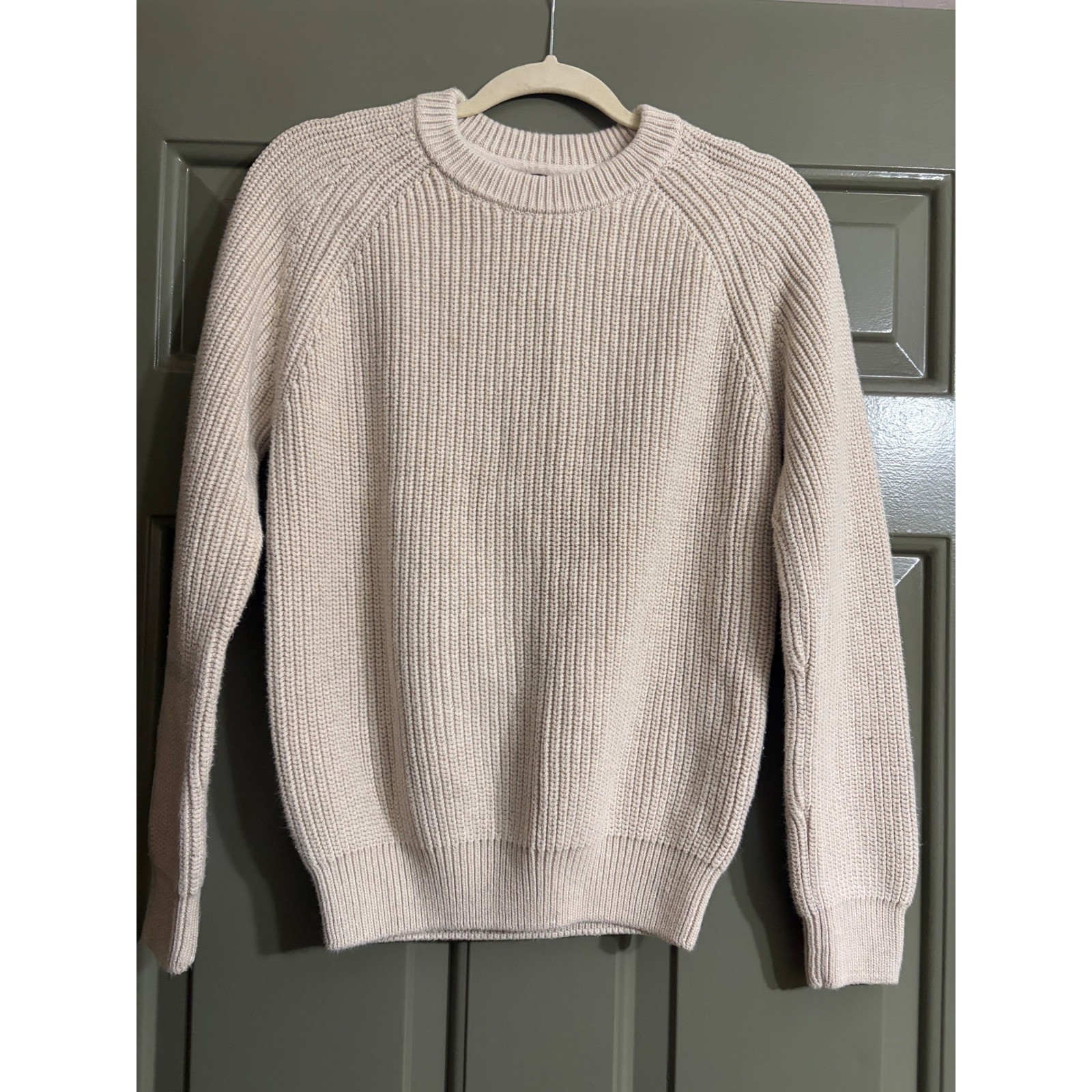Quince Organic Cotton Fisherman Crewneck Sweater Oatmeal Beige Small Ribbed Knit