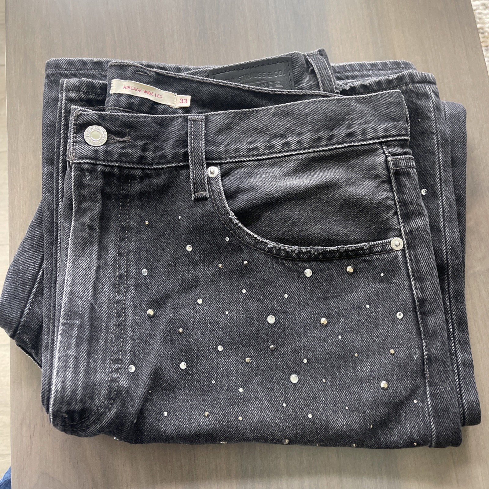 Levi’s Premium Ribcage Wide-leg Dazzle Me Smoke Black Denim Sparkle W33 L32 $180
