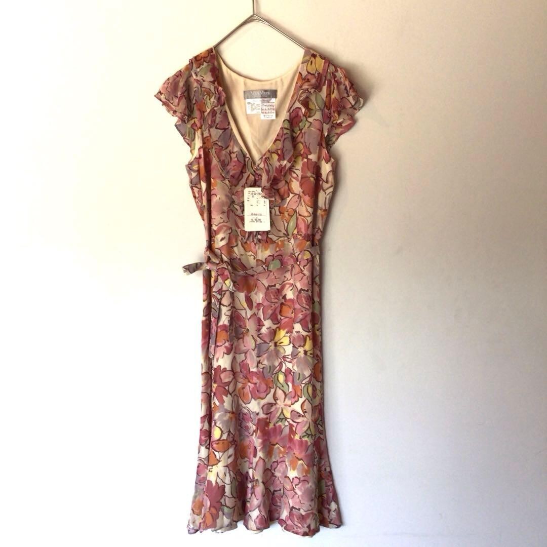 Max Mara Pink Floral Chiffon Silk Dress Flutter Sleeve Tie Waist Auth