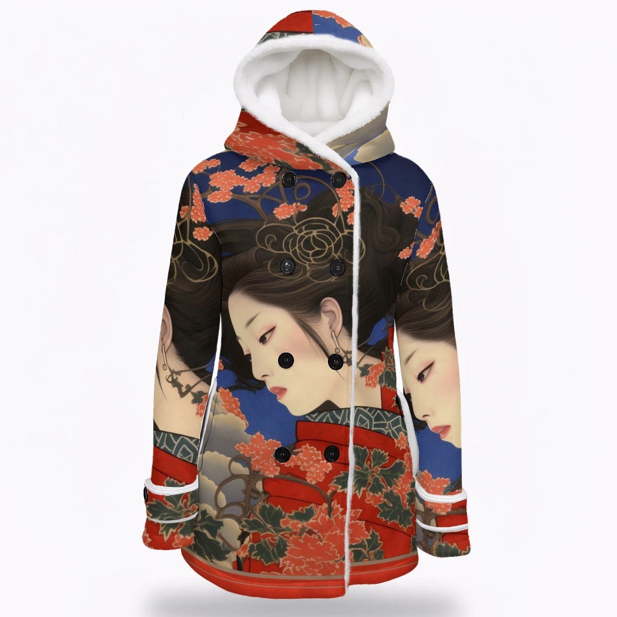 Geisha Art Winter Coat for Women, Kimono Inspired Hooded Coat, Japanese Coat