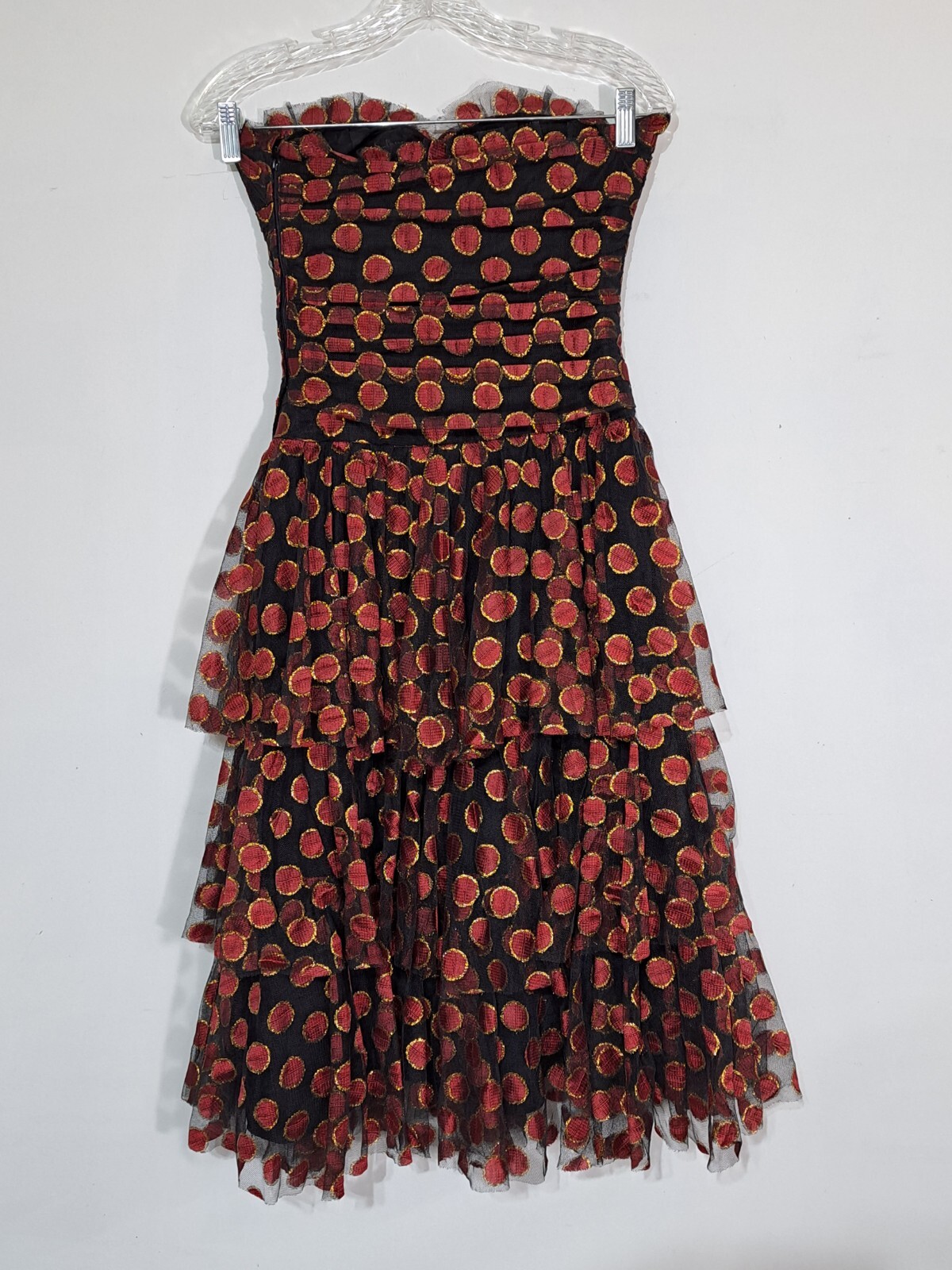 Vintage Bellville Sassoon Strapless Party Dress Ruched Tiered Skirt XS Metallic