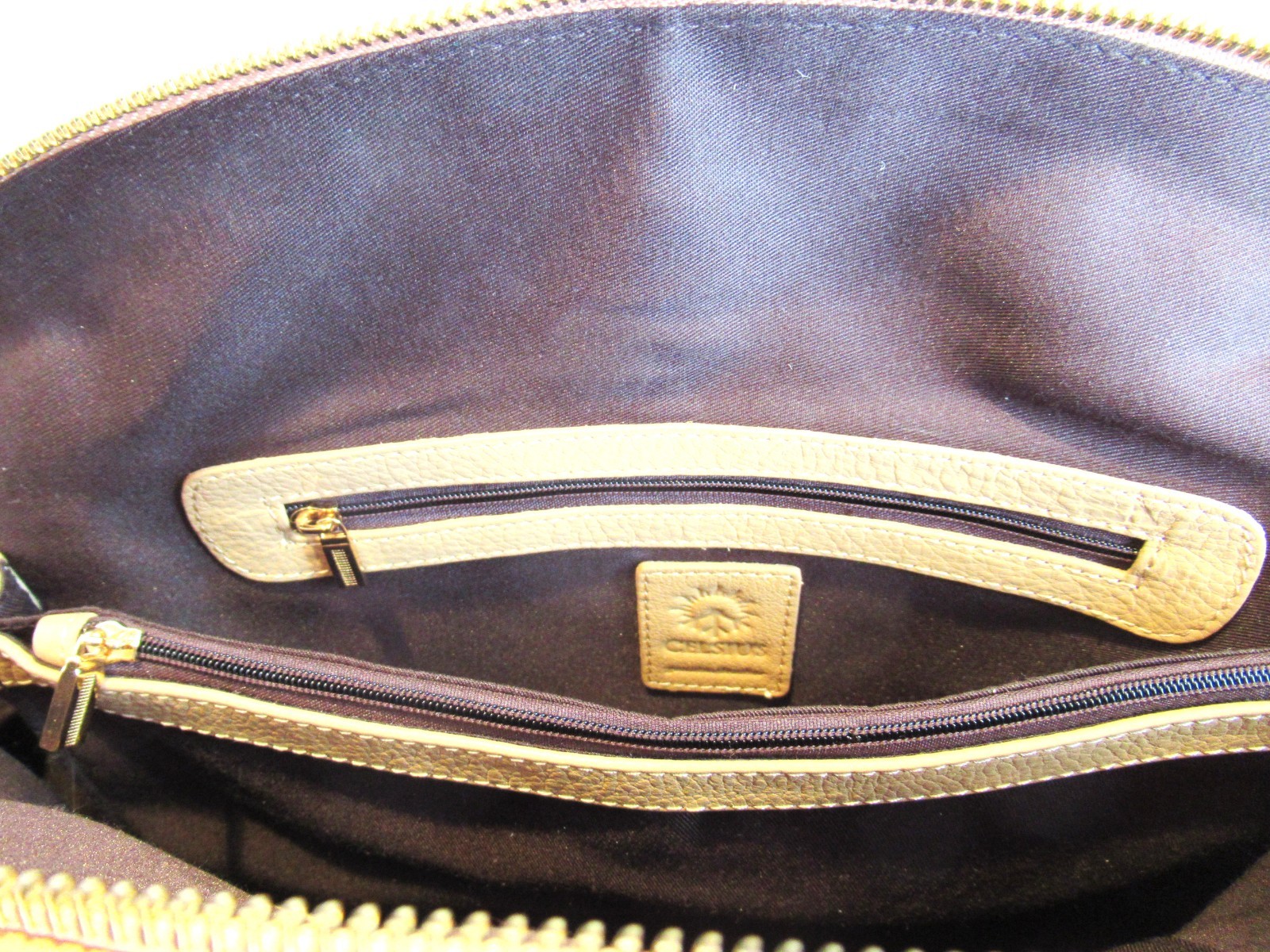 Celsius Large Leather Handbag/Purse Black and Tan Gold Tone Metal Hardware