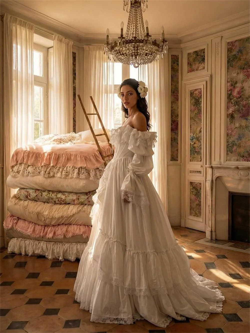Customized Wedding Party Long Sleeve Lace-Up Back Bridal Gown A-Line WeddingGown