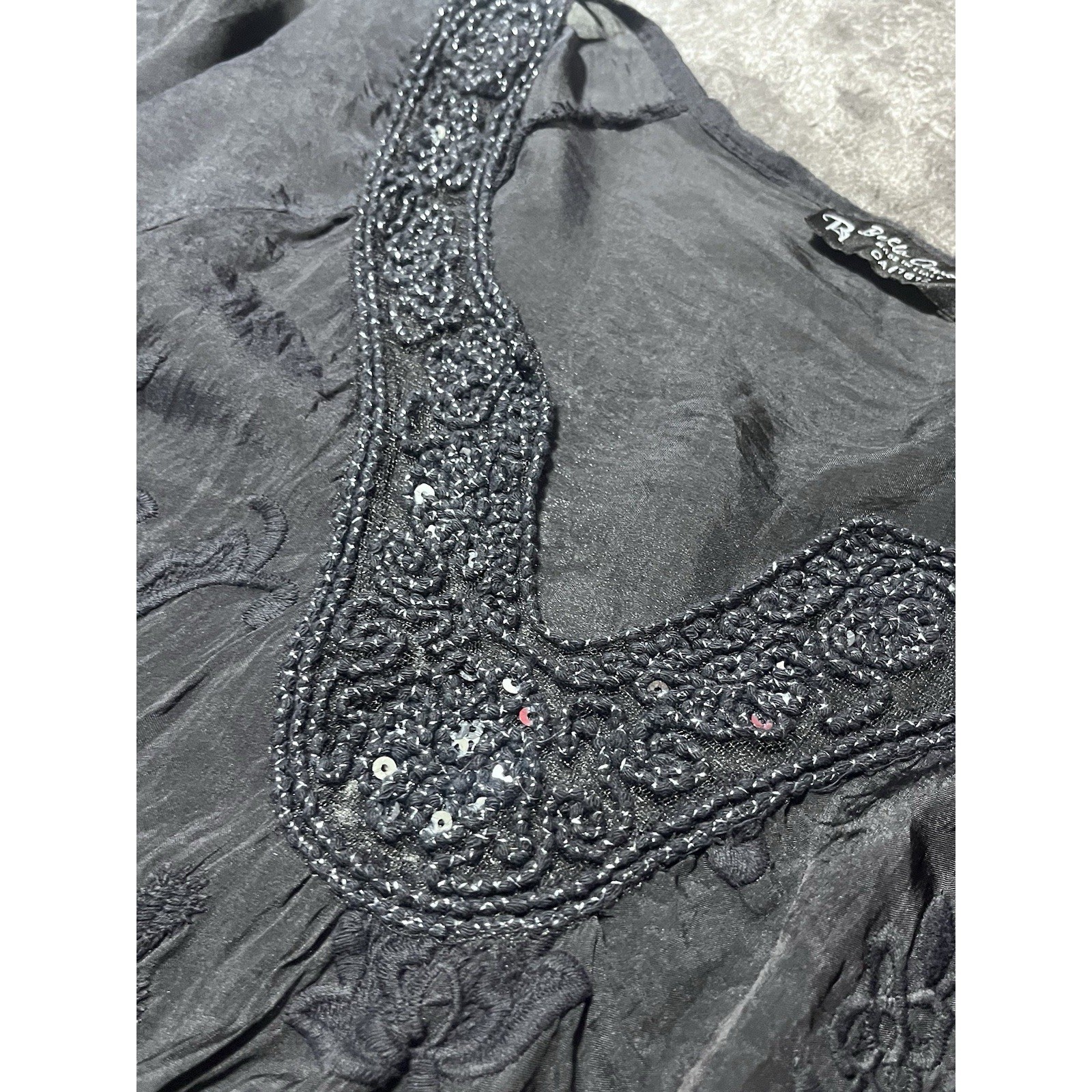 Whimsical Goth Blouse Bella Amore Black Beaded V Neck Sheer Embroidered