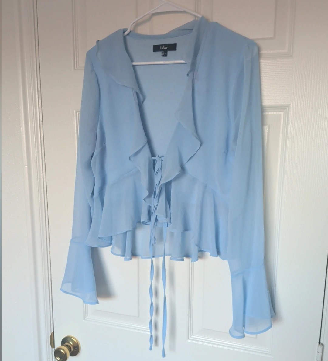 Lulus Blue Chiffon Semi-Sheer Ruffle V-Neck Tie-Front Bell Sleeve Blouse L