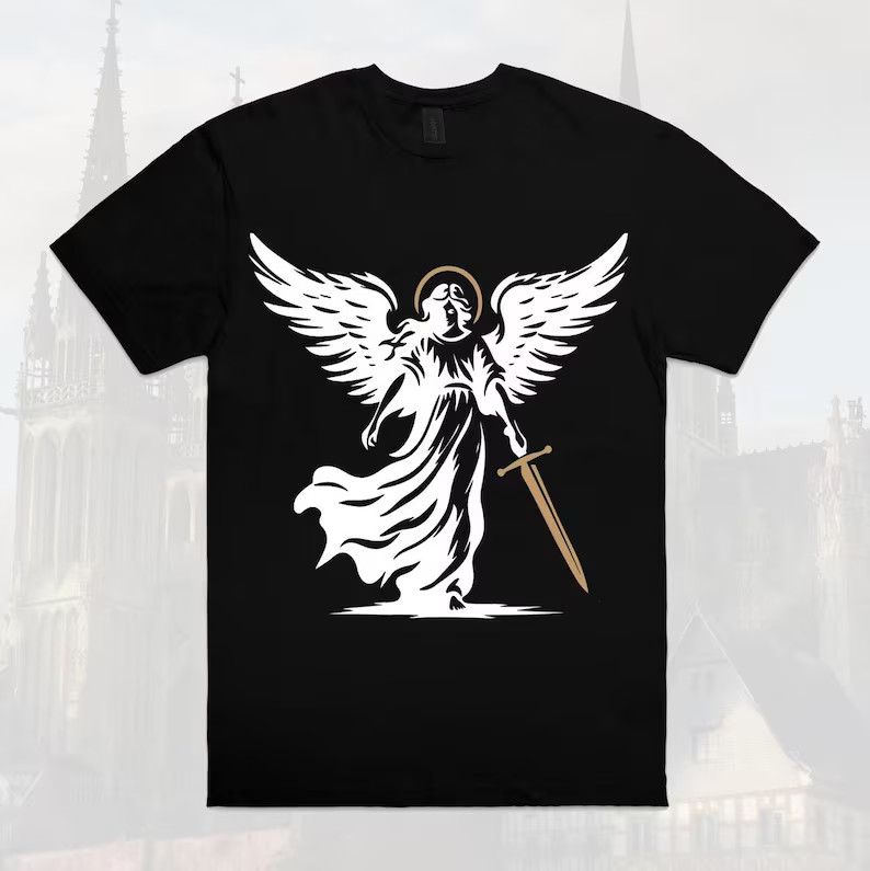 Archangel Michael Warrior T-Shirt | Angel Christian Black Gold Line Art Faith Te