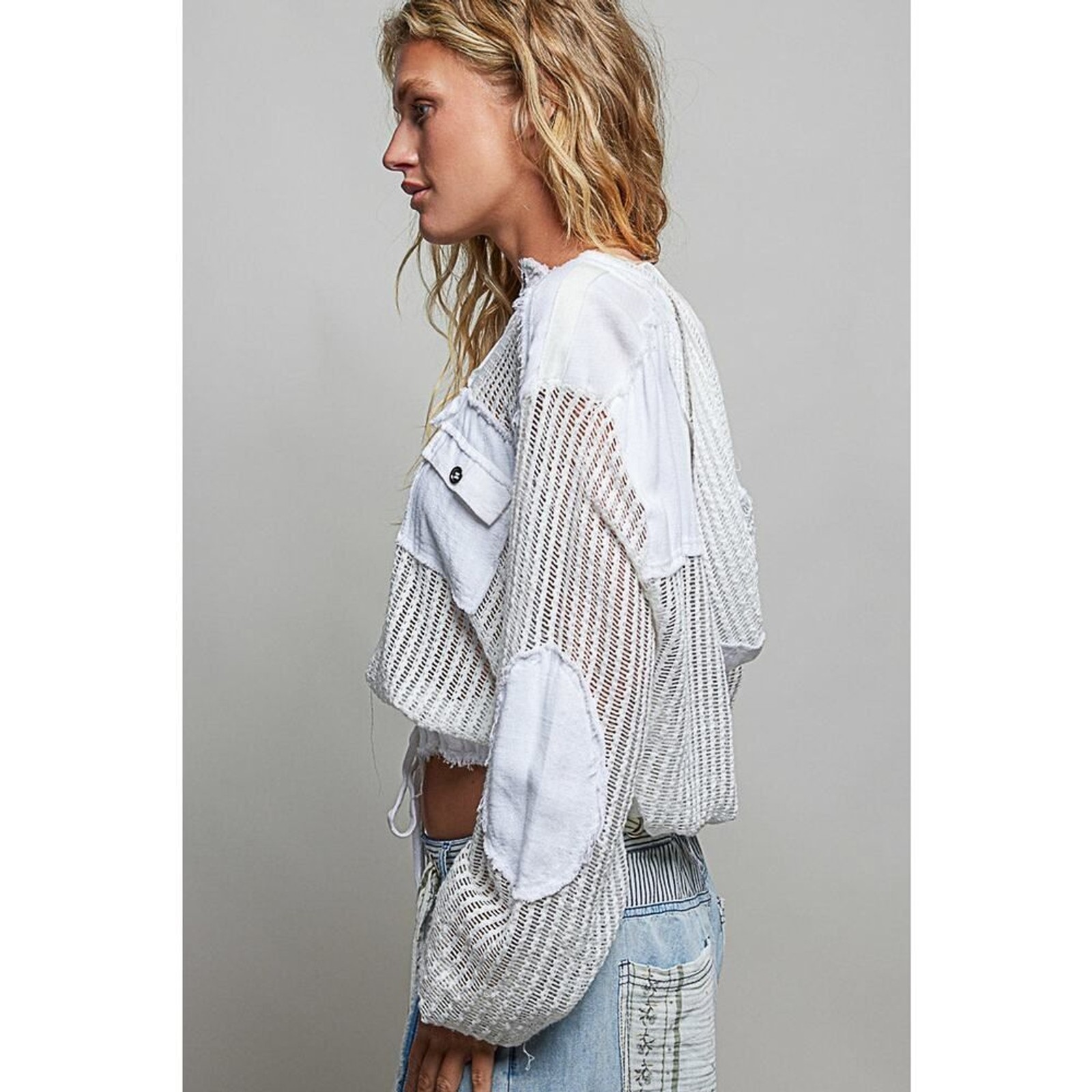 POL Open Knit Button Down Pocket Front Hooded Shirt Top