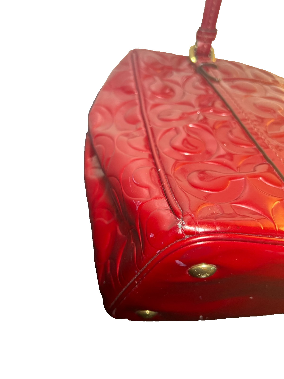 Coach Red Signature Embossed Patent Leather Tote Shoulder Bag Gold Hardware