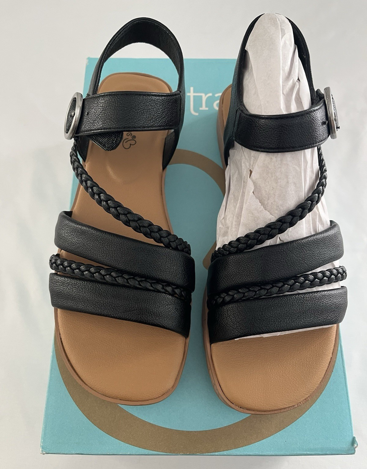 Baretraps Women’s Black/Tan Strappy Braided Sandals US 6.5M Adjustable Buckle