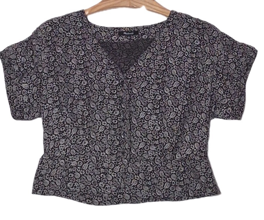 Madewell Women Large Black White Floral Paisley Print Crop Top Short Sleeve SP24